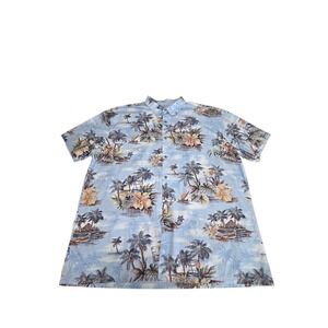 Island Shores Blue Tropical Palm Tree Hibiscus Aloha‎ Shirt Men's XXL